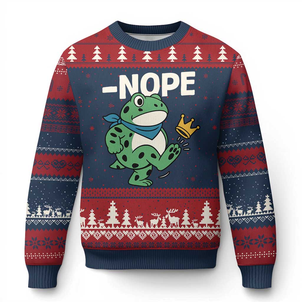 No Kings in America Portland Frog Ugly Christmas Sweater Funny Political Meme TS10 Navy Red Print Your Wear
