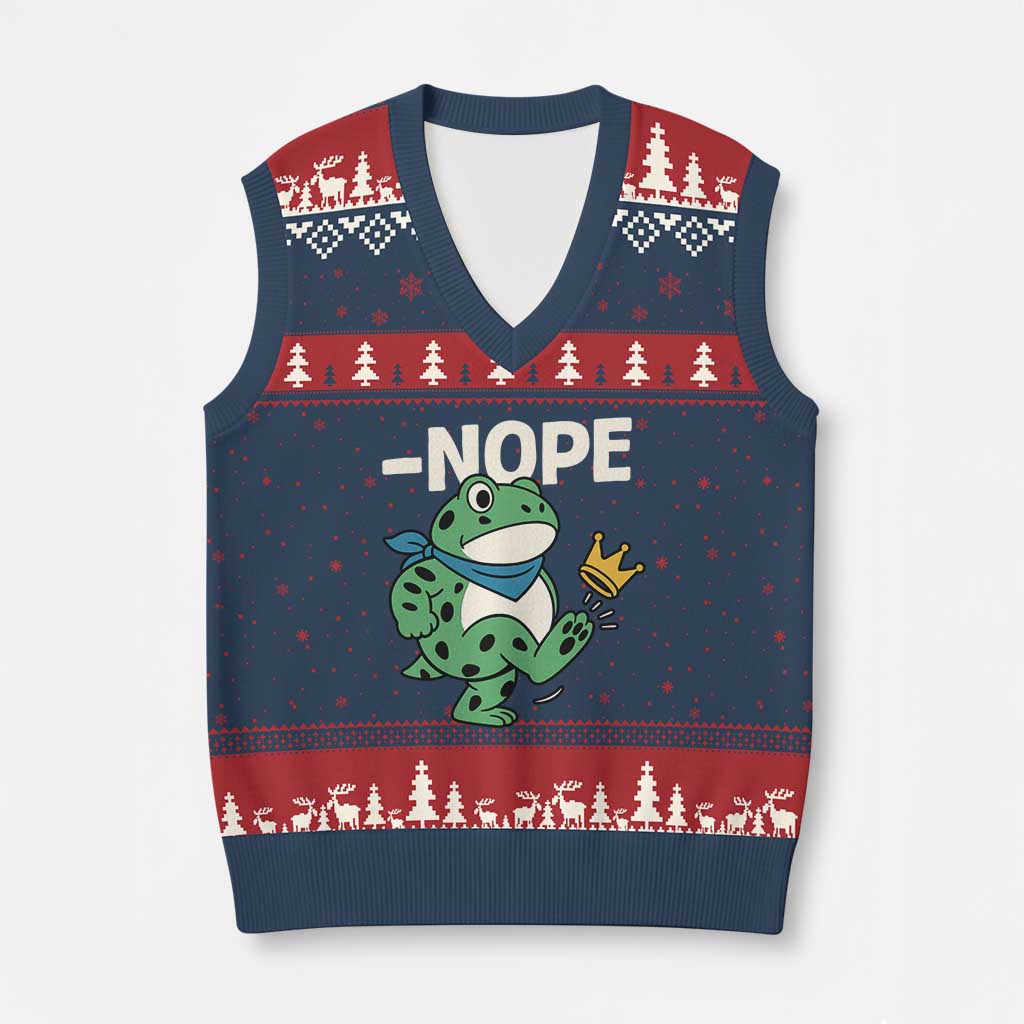 No Kings in America Portland Frog V-Neck Knit Sweater Vest Funny Political Meme - Print Your Wear