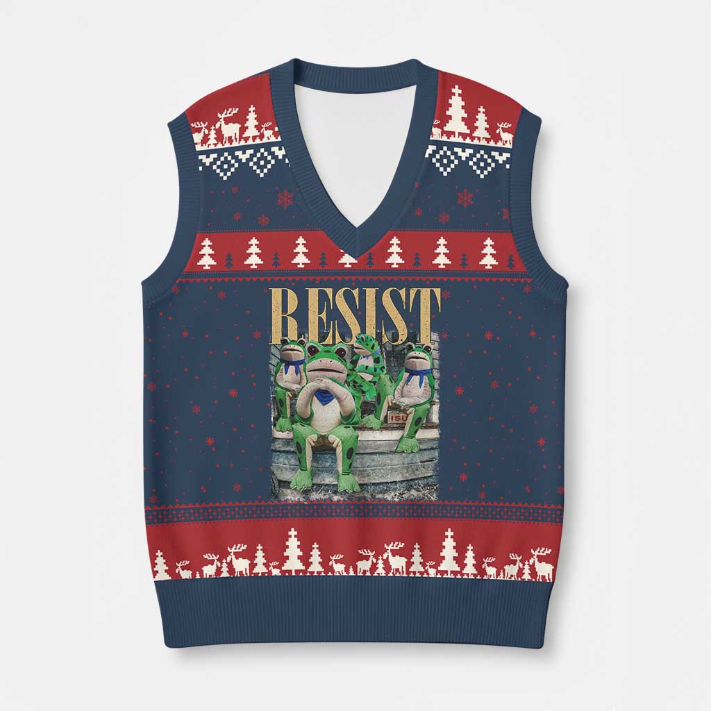 Portland Frog Resist Protest V-Neck Knit Sweater Vest 80s Frogs Deportation Resistance TS10 Navy Red Print Your Wear