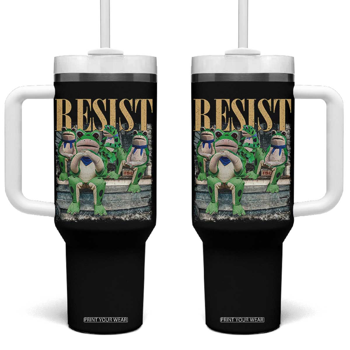 Portland Frog Resist Protest Tumbler With Handle 80s Frogs Deportation Resistance TS10 One Size: 40 oz Black Print Your Wear