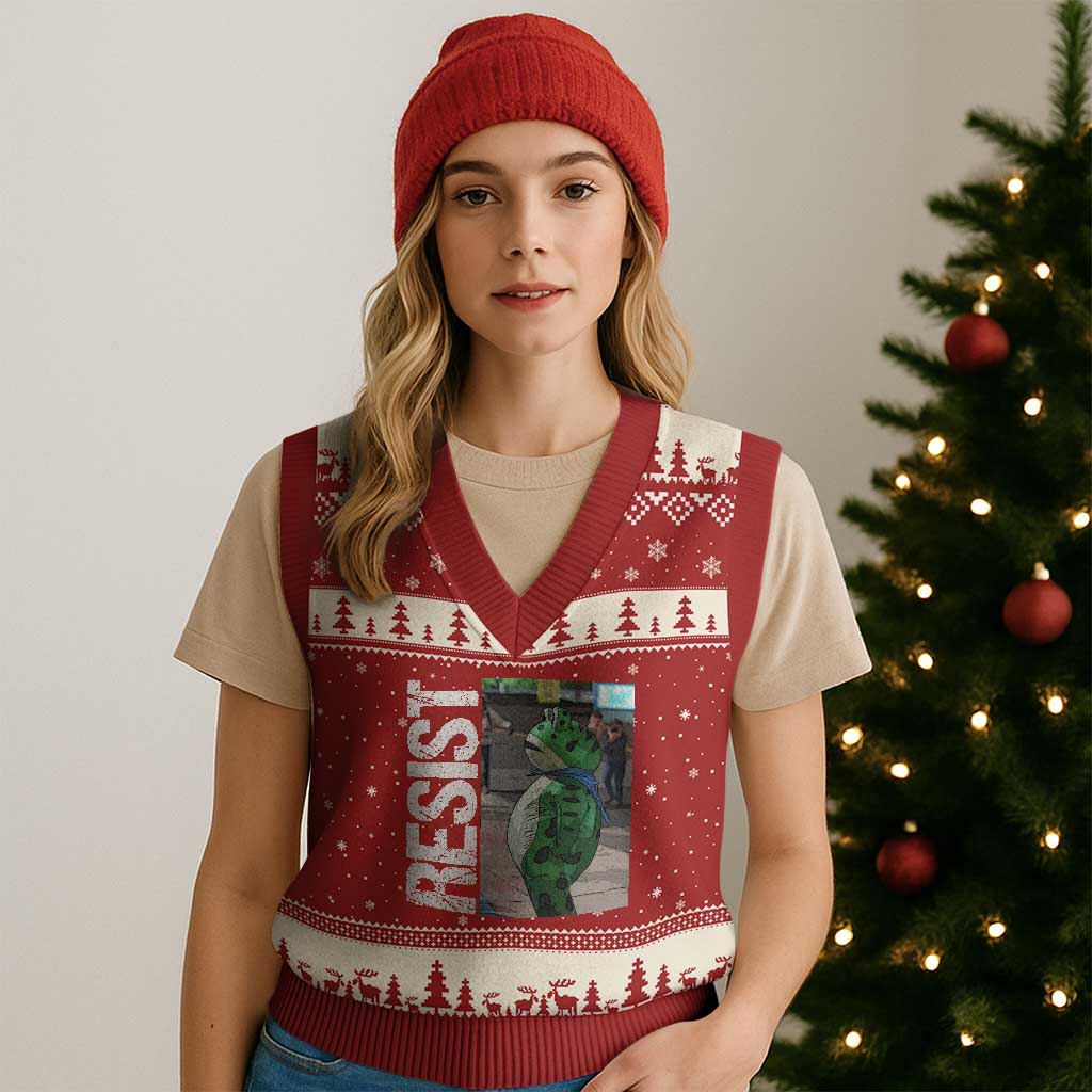 Portland Frog Protest V-Neck Knit Sweater Vest Vintage Activist Resistance TS10 Red Beige Print Your Wear
