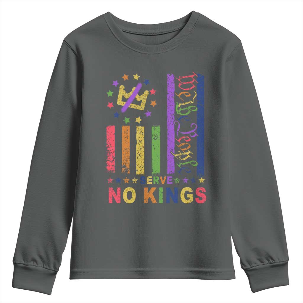 We The People No Kings in America Youth Sweatshirt Protest LGBTQ+ American Flag TS10 Dark Heather Print Your Wear