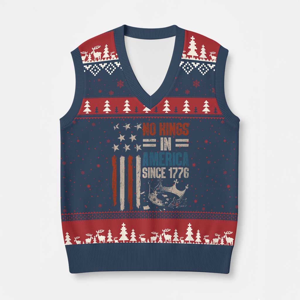 No Kings in America V-Neck Knit Sweater Vest Since 1776 Social Justice American Flag - Print Your Wear