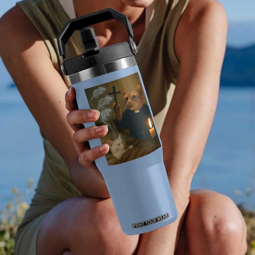 Funny Exorcist Cat Meme Flip Straw Tumbler Dark Humor Cat TS10 One Size: 30 oz Light Blue Print Your Wear