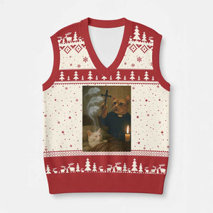 Funny Exorcist Cat Meme V-Neck Knit Sweater Vest Dark Humor Cat TS10 Beige Red Print Your Wear