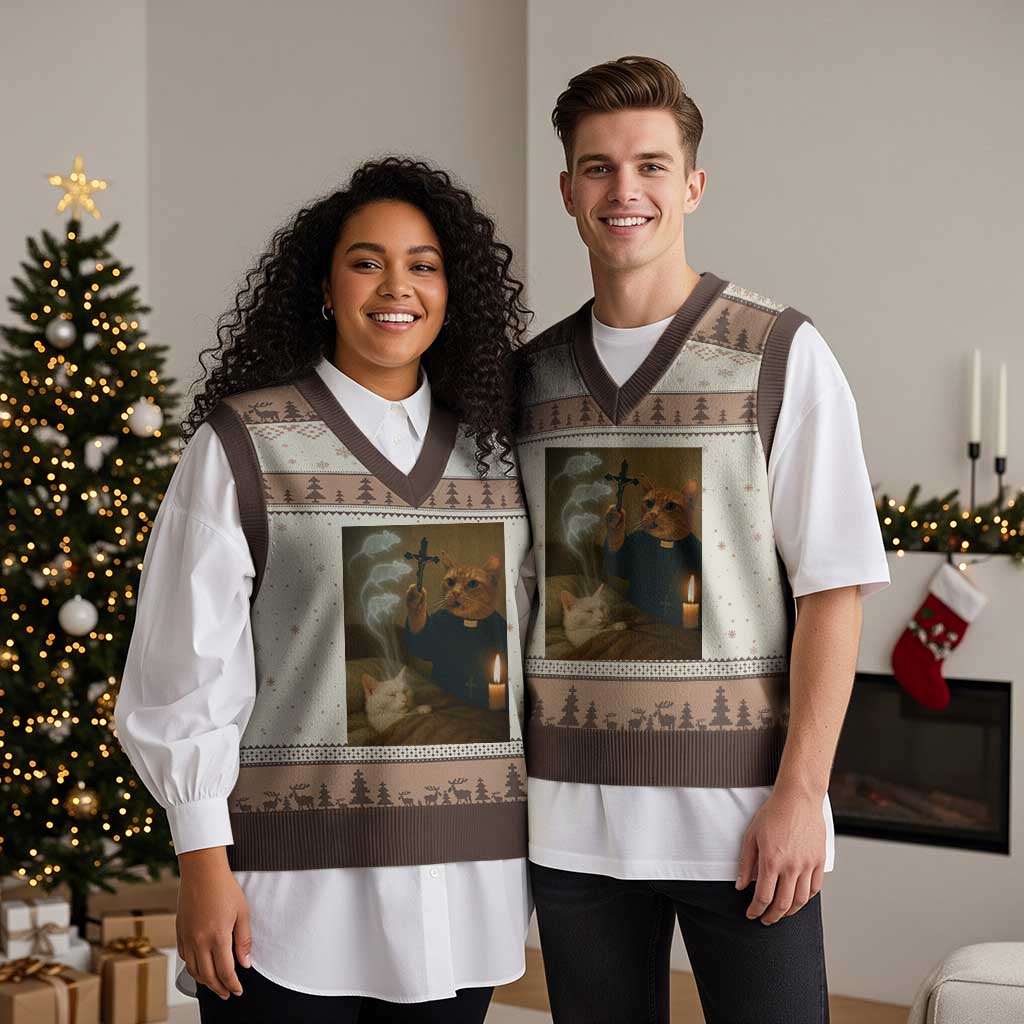 Funny Exorcist Cat Meme V-Neck Knit Sweater Vest Dark Humor Cat TS10 Mocha Mousse Print Your Wear