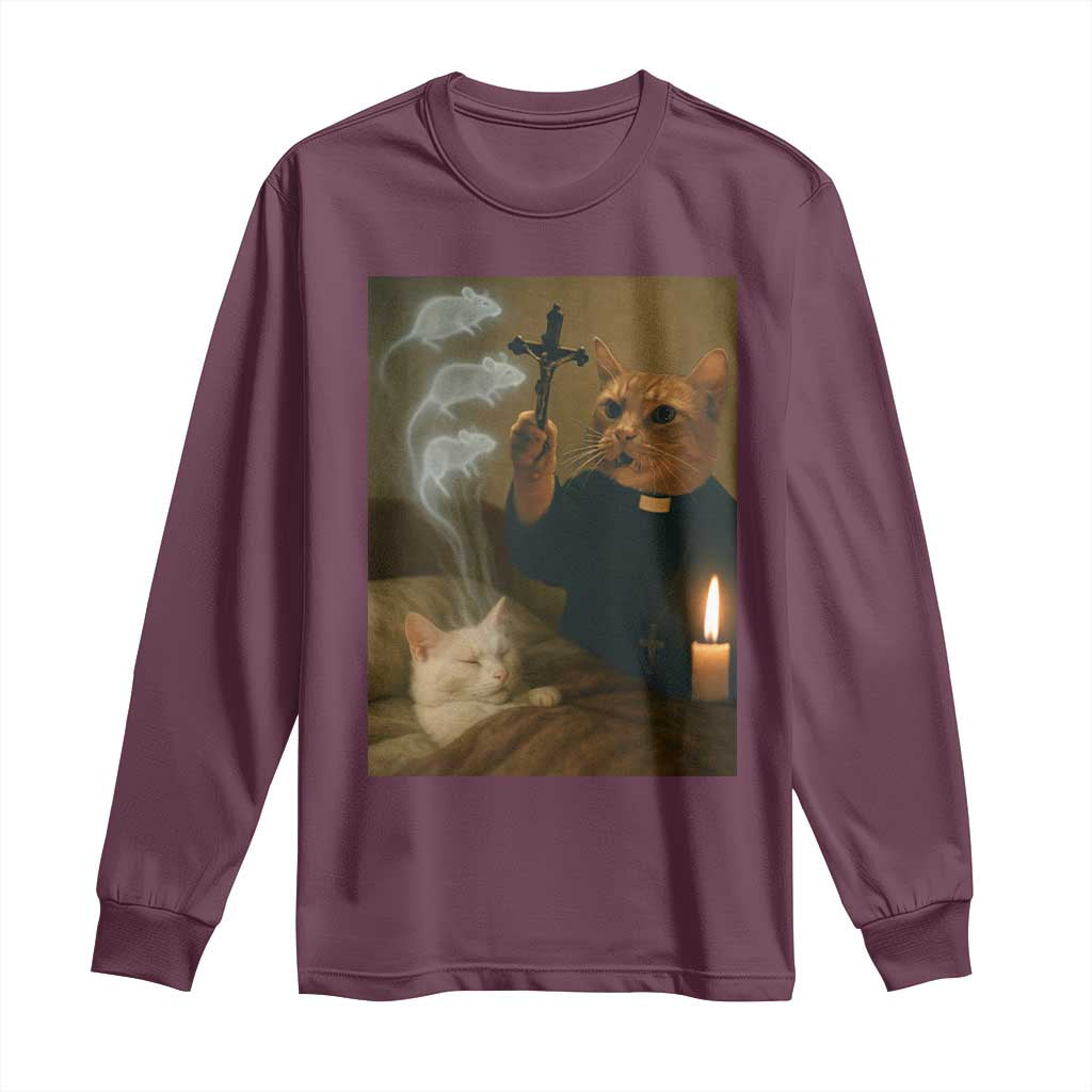 Funny Exorcist Cat Meme Long Sleeve Shirt Dark Humor Cat TS10 Maroon Print Your Wear
