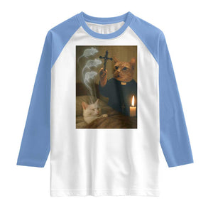 Funny Exorcist Cat Meme Raglan Shirt Dark Humor Cat TS10 White Carolina Blue Print Your Wear