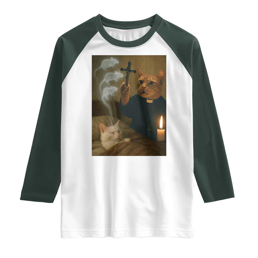 Funny Exorcist Cat Meme Raglan Shirt Dark Humor Cat TS10 White Dark Forest Green Print Your Wear