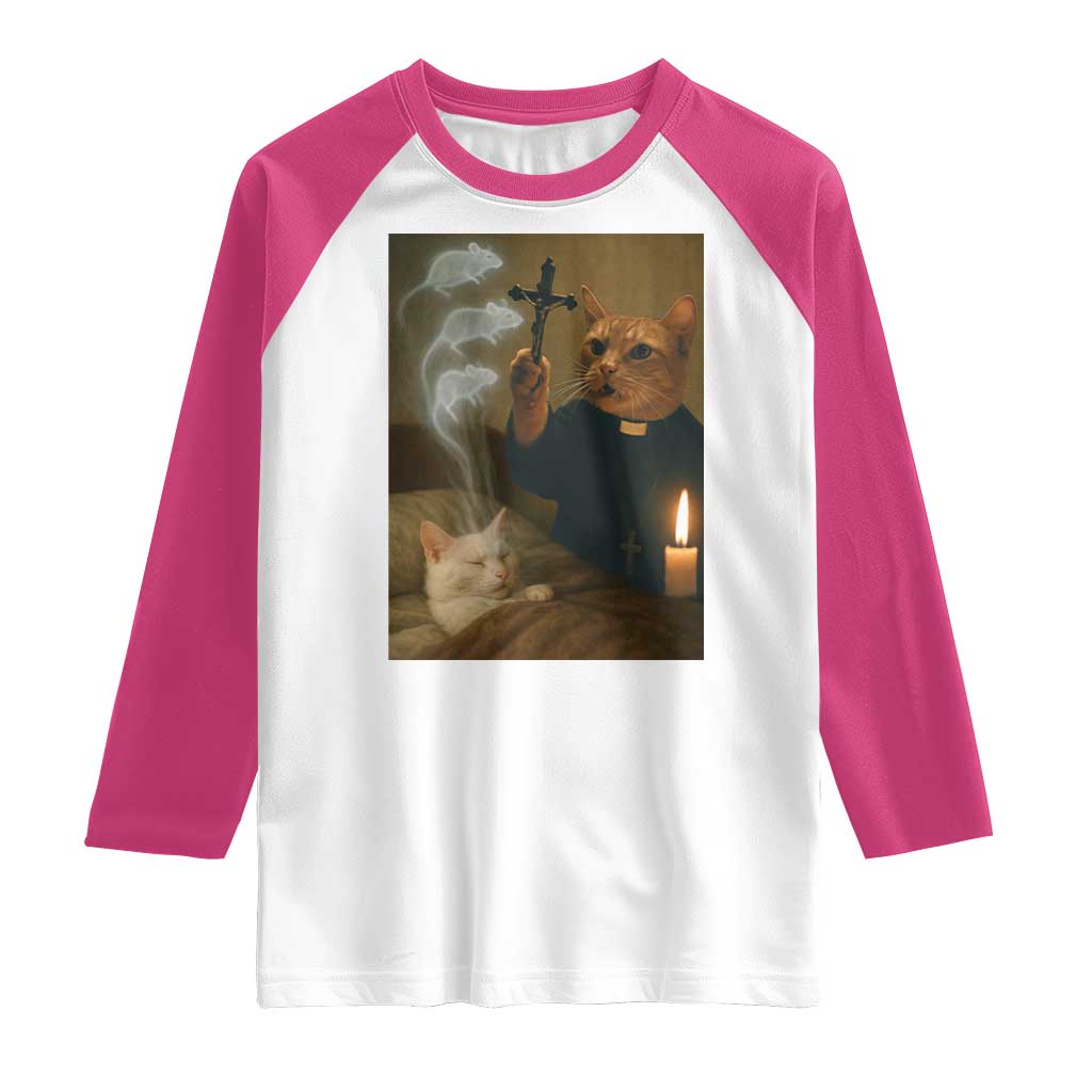 Funny Exorcist Cat Meme Raglan Shirt Dark Humor Cat TS10 White Heliconia Print Your Wear
