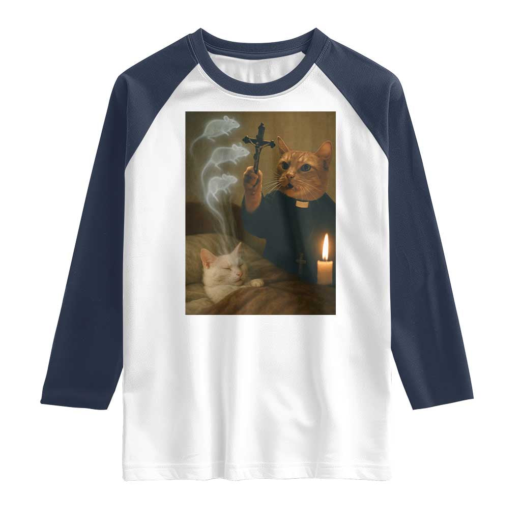 Funny Exorcist Cat Meme Raglan Shirt Dark Humor Cat TS10 White Navy Print Your Wear