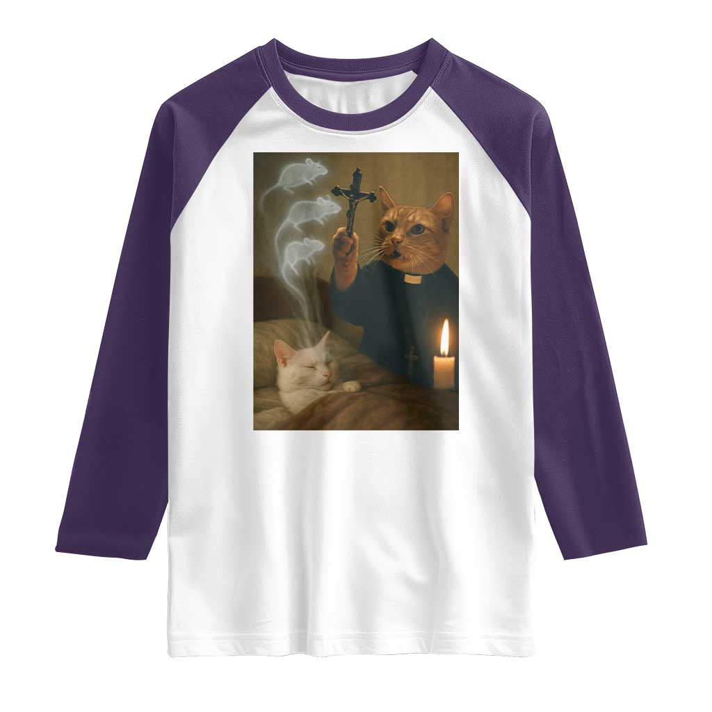 Funny Exorcist Cat Meme Raglan Shirt Dark Humor Cat TS10 White Purple Print Your Wear