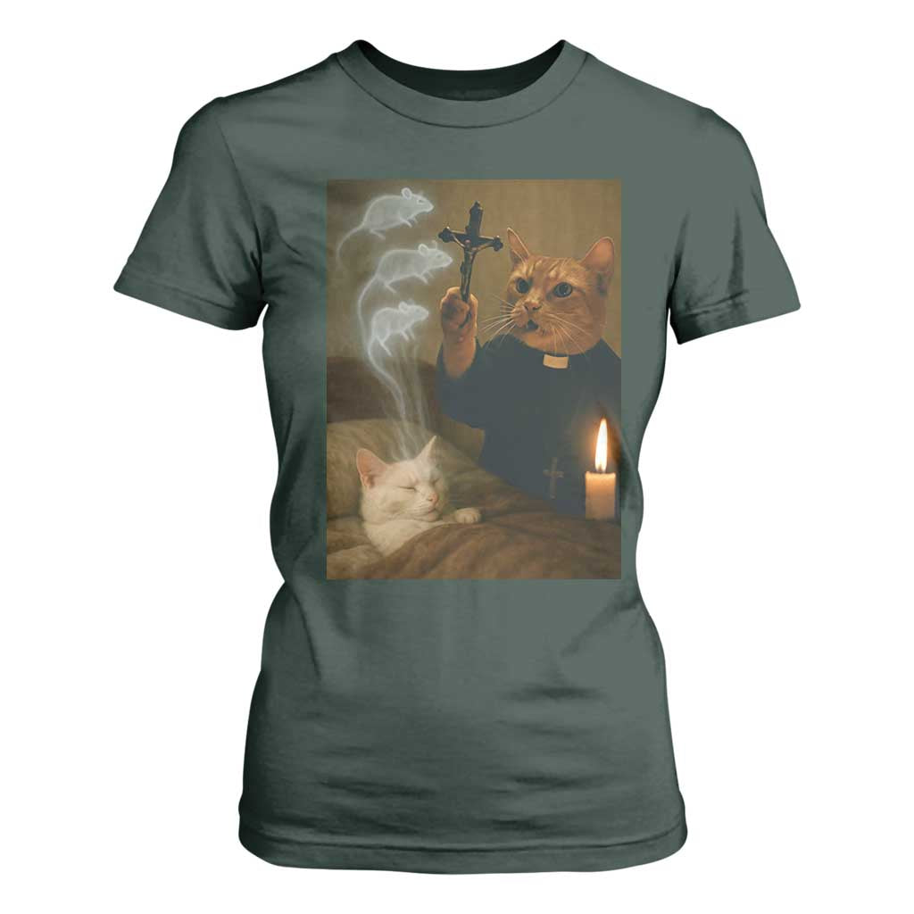 Funny Exorcist Cat Meme T Shirt For Women Dark Humor Cat TS10 Dark Forest Green Print Your Wear