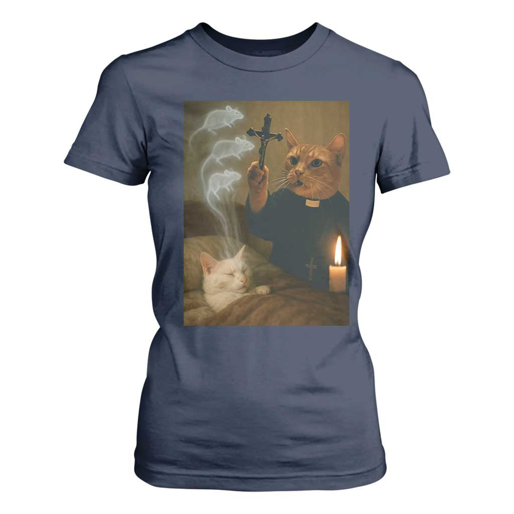Funny Exorcist Cat Meme T Shirt For Women Dark Humor Cat TS10 Navy Print Your Wear