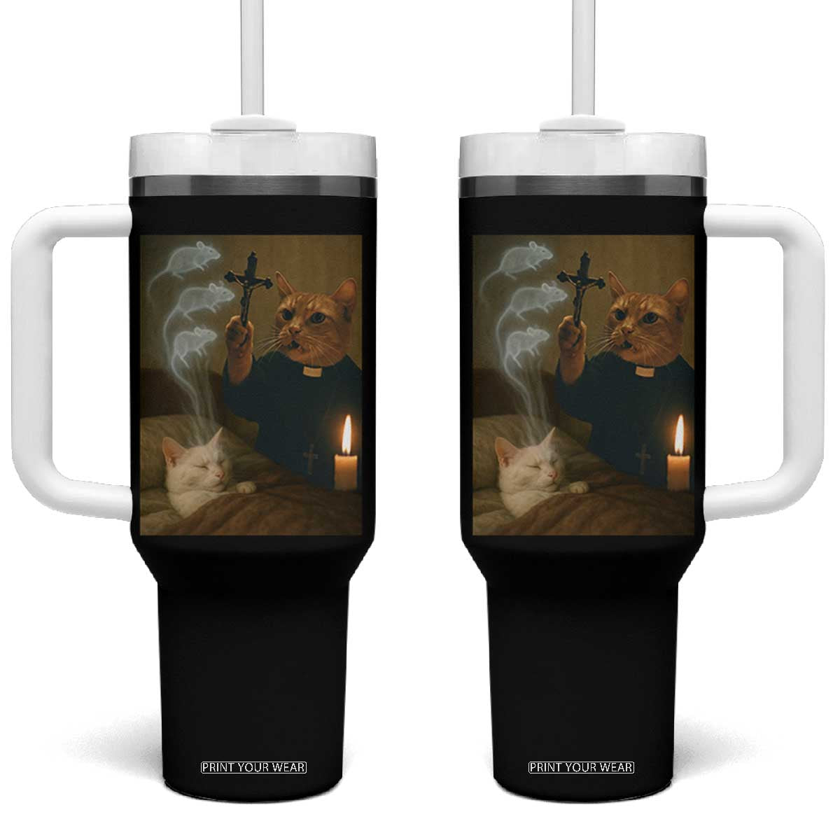 Funny Exorcist Cat Meme Tumbler With Handle Dark Humor Cat TS10 One Size: 40 oz Black Print Your Wear