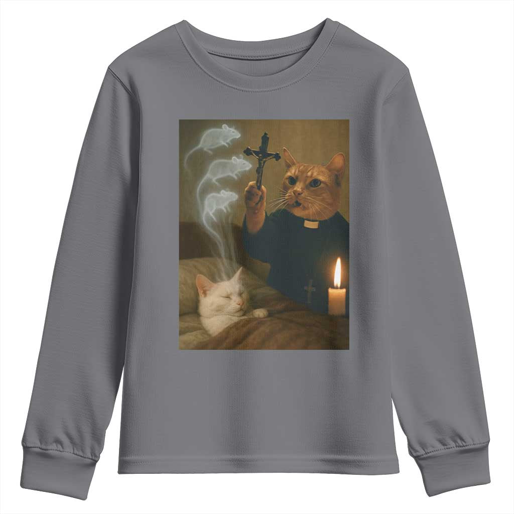 Funny Exorcist Cat Meme Youth Sweatshirt Dark Humor Cat TS10 Charcoal Print Your Wear