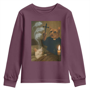 Funny Exorcist Cat Meme Youth Sweatshirt Dark Humor Cat TS10 Maroon Print Your Wear