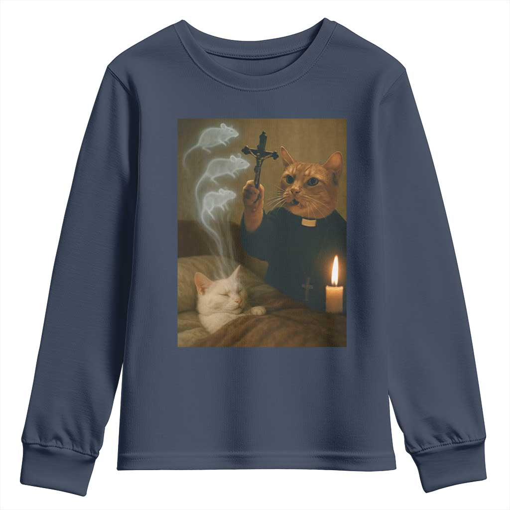 Funny Exorcist Cat Meme Youth Sweatshirt Dark Humor Cat TS10 Navy Print Your Wear