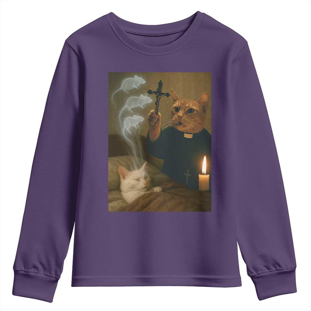 Funny Exorcist Cat Meme Youth Sweatshirt Dark Humor Cat TS10 Purple Print Your Wear