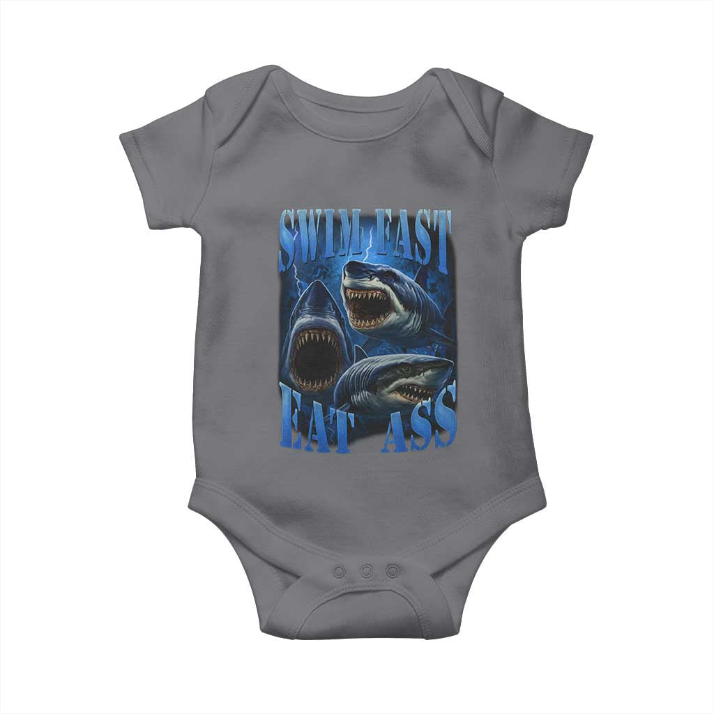Retro Sharks Baby Onesie Swim Fast Eat Ass Vintage 90s Bootleg Graphic TS10 Charcoal Print Your Wear