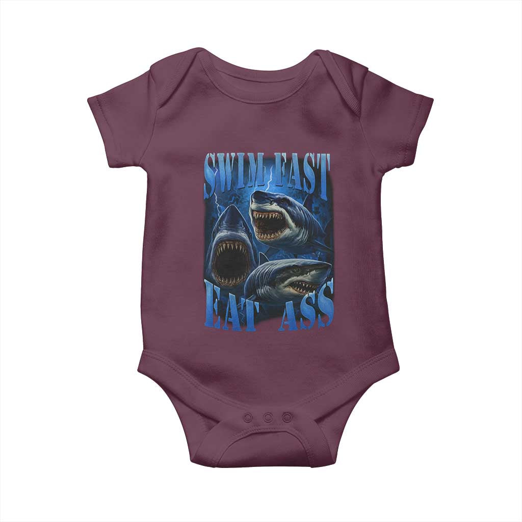 Retro Sharks Baby Onesie Swim Fast Eat Ass Vintage 90s Bootleg Graphic TS10 Maroon Print Your Wear
