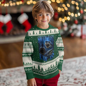 Retro Sharks Ugly Christmas Sweater Swim Fast Eat Ass Vintage 90s Bootleg Graphic TS10 Forest Green Beige Print Your Wear