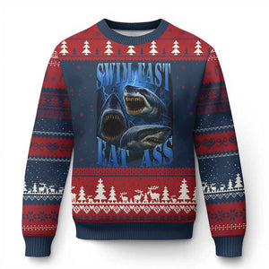 Retro Sharks Ugly Christmas Sweater Swim Fast Eat Ass Vintage 90s Bootleg Graphic TS10 Navy Red Print Your Wear