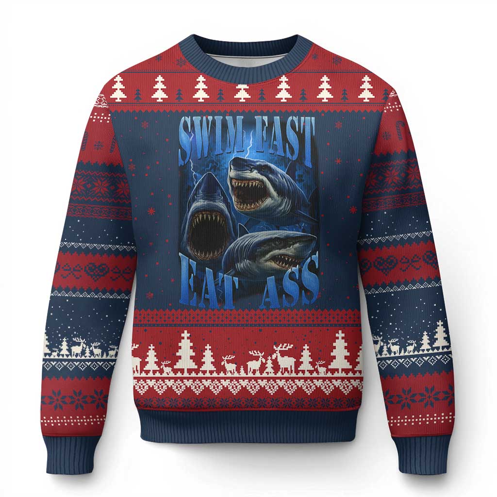 Retro Sharks Ugly Christmas Sweater Swim Fast Eat Ass Vintage 90s Bootleg Graphic TS10 Navy Red Print Your Wear