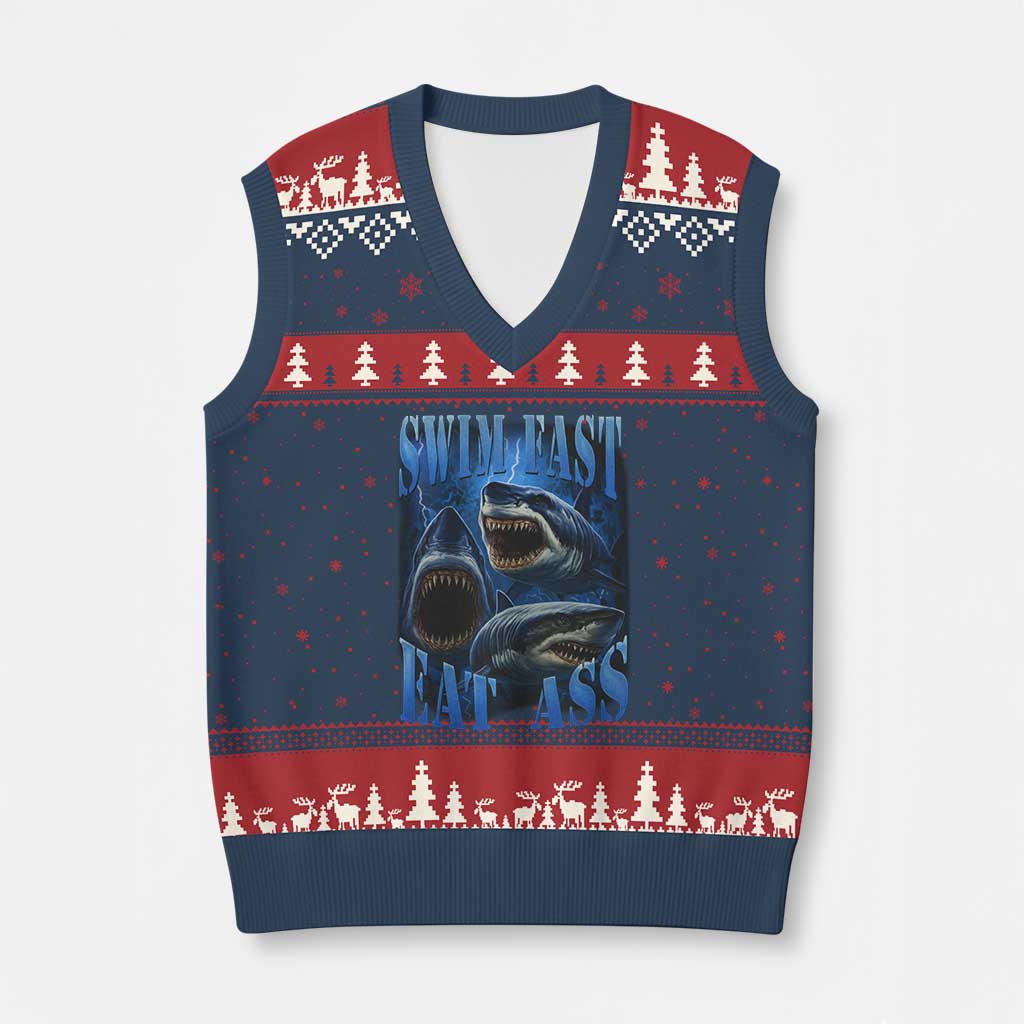 Retro Sharks V-Neck Knit Sweater Vest Swim Fast Eat Ass Vintage 90s Bootleg Graphic TS10 Navy Red Print Your Wear