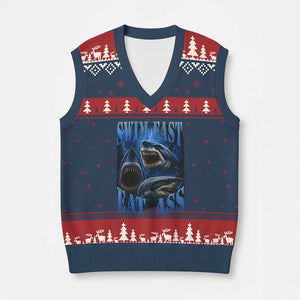 Retro Sharks V-Neck Knit Sweater Vest Swim Fast Eat Ass Vintage 90s Bootleg Graphic TS10 Navy Red Print Your Wear