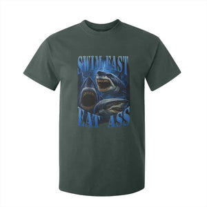 Retro Sharks T Shirt For Kid Swim Fast Eat Ass Vintage 90s Bootleg Graphic TS10 Dark Forest Green Print Your Wear