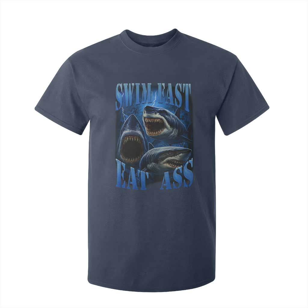 Retro Sharks T Shirt For Kid Swim Fast Eat Ass Vintage 90s Bootleg Graphic TS10 Navy Print Your Wear