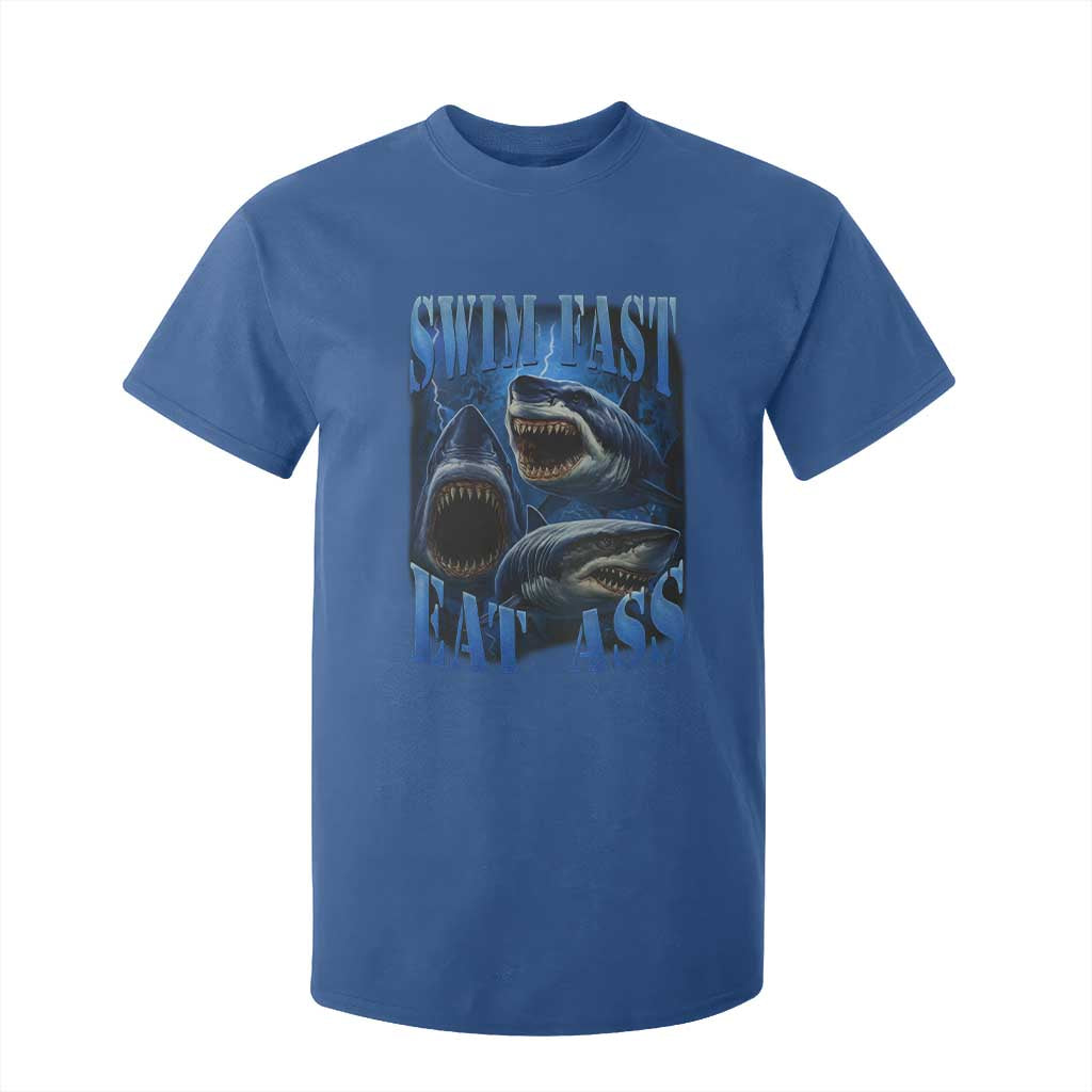 Retro Sharks T Shirt For Kid Swim Fast Eat Ass Vintage 90s Bootleg Graphic TS10 Royal Blue Print Your Wear