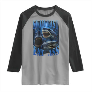 Retro Sharks Raglan Shirt Swim Fast Eat Ass Vintage 90s Bootleg Graphic TS10 Sport Gray Black Print Your Wear