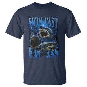 Retro Sharks T Shirt Swim Fast Eat Ass Vintage 90s Bootleg Graphic TS10 Navy Print Your Wear