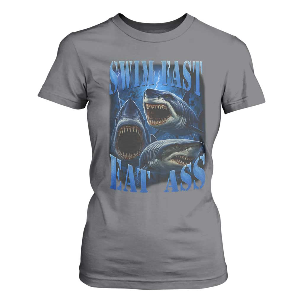 Retro Sharks T Shirt For Women Swim Fast Eat Ass Vintage 90s Bootleg Graphic TS10 Charcoal Print Your Wear