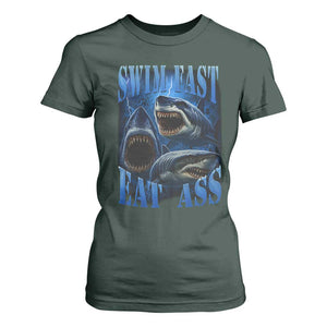 Retro Sharks T Shirt For Women Swim Fast Eat Ass Vintage 90s Bootleg Graphic TS10 Dark Forest Green Print Your Wear