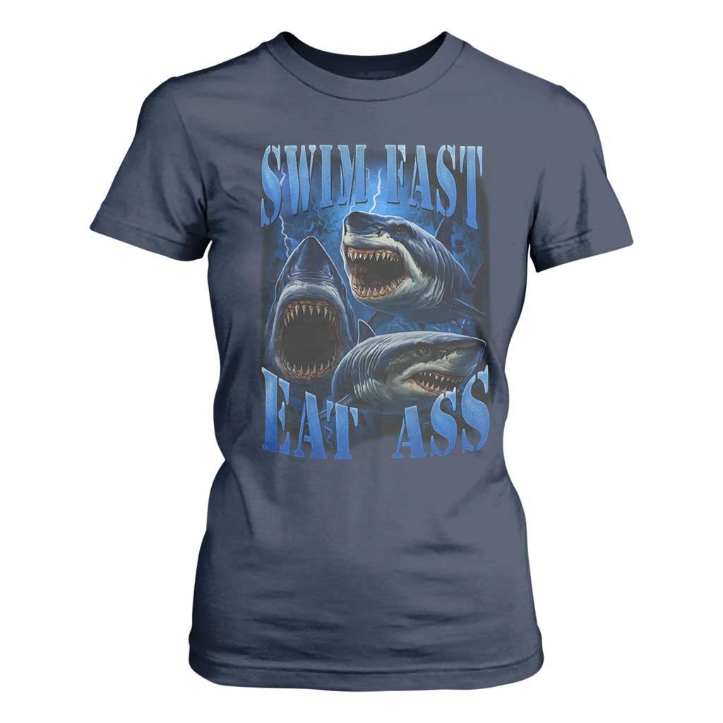 Retro Sharks T Shirt For Women Swim Fast Eat Ass Vintage 90s Bootleg Graphic TS10 Navy Print Your Wear