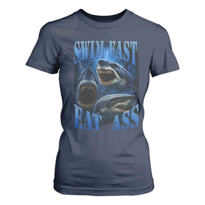 Retro Sharks T Shirt For Women Swim Fast Eat Ass Vintage 90s Bootleg Graphic TS10 Navy Print Your Wear