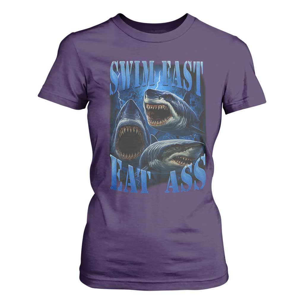Retro Sharks T Shirt For Women Swim Fast Eat Ass Vintage 90s Bootleg Graphic TS10 Purple Print Your Wear