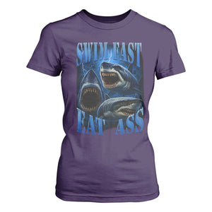 Retro Sharks T Shirt For Women Swim Fast Eat Ass Vintage 90s Bootleg Graphic TS10 Purple Print Your Wear