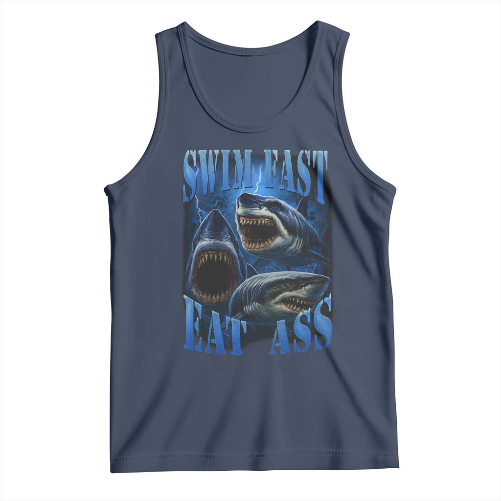 Retro Sharks Tank Top Swim Fast Eat Ass Vintage 90s Bootleg Graphic TS10 Navy Print Your Wear