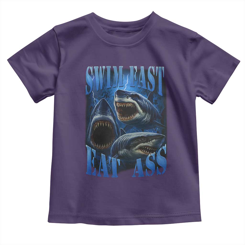 Retro Sharks Toddler T Shirt Swim Fast Eat Ass Vintage 90s Bootleg Graphic TS10 Purple Print Your Wear