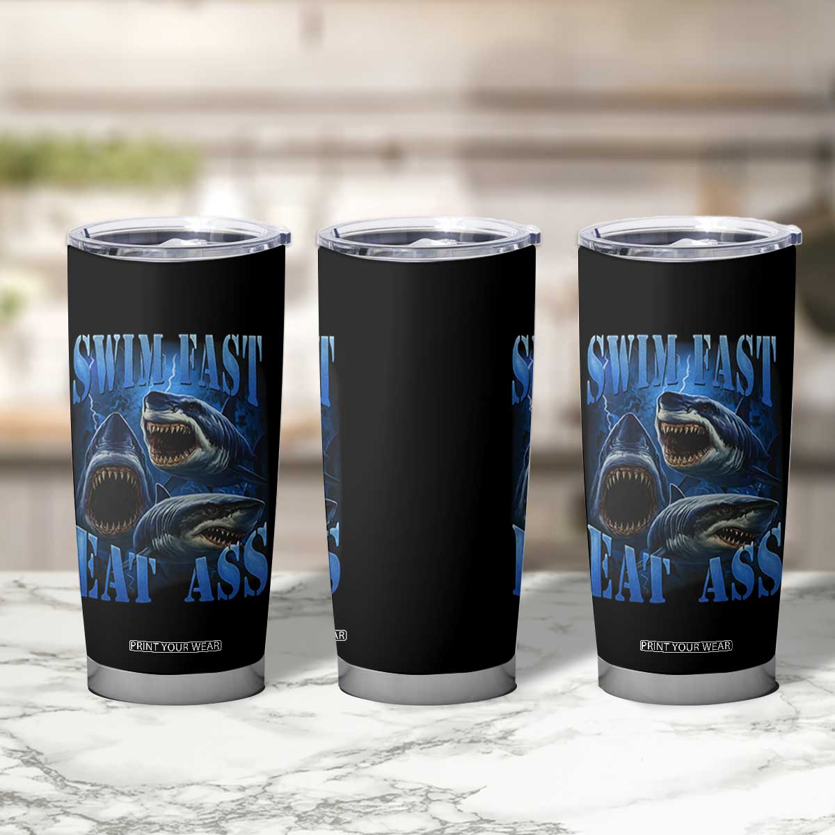 Retro Sharks Tumbler Cup Swim Fast Eat Ass Vintage 90s Bootleg Graphic TS10 Print Your Wear