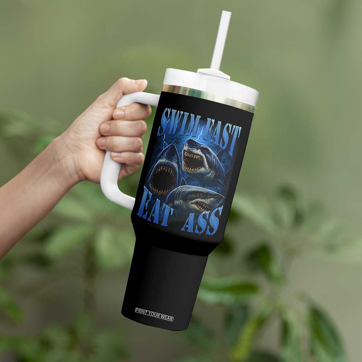 Retro Sharks Tumbler With Handle Swim Fast Eat Ass Vintage 90s Bootleg Graphic TS10 Print Your Wear