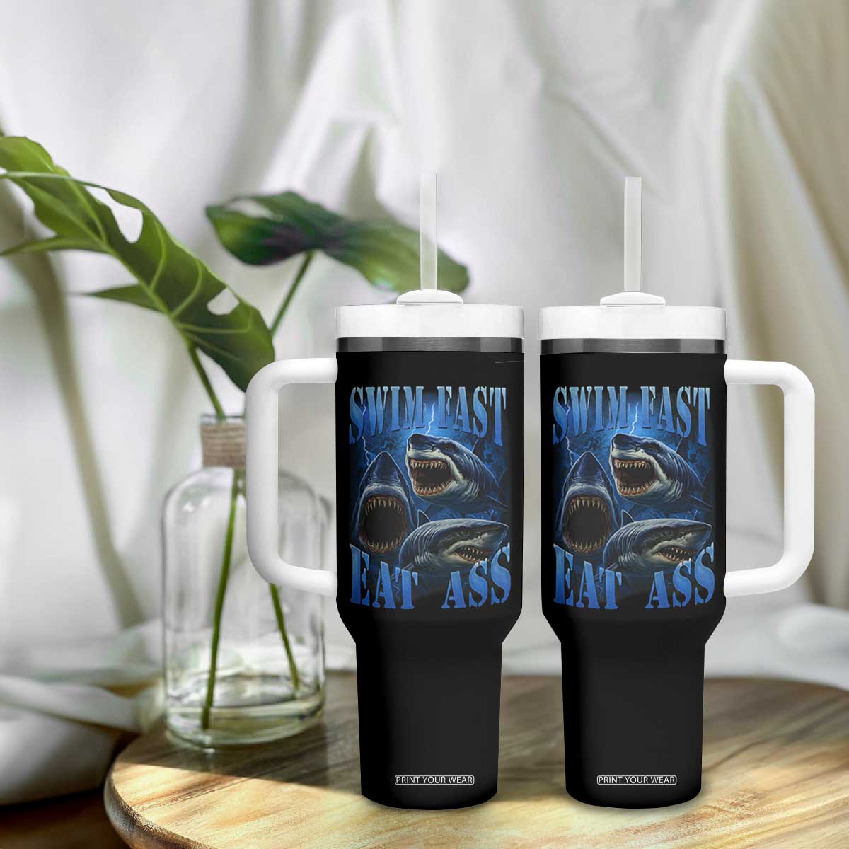 Retro Sharks Tumbler With Handle Swim Fast Eat Ass Vintage 90s Bootleg Graphic TS10 Print Your Wear