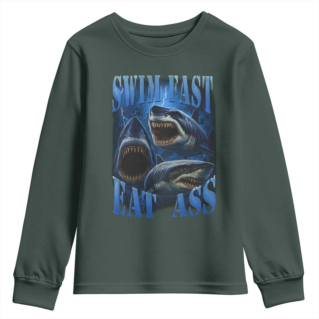 Retro Sharks Youth Sweatshirt Swim Fast Eat Ass Vintage 90s Bootleg Graphic TS10 Dark Forest Green Print Your Wear