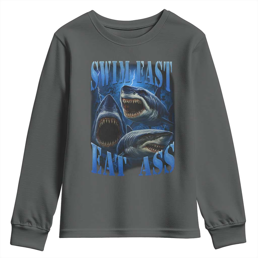Retro Sharks Youth Sweatshirt Swim Fast Eat Ass Vintage 90s Bootleg Graphic TS10 Dark Heather Print Your Wear