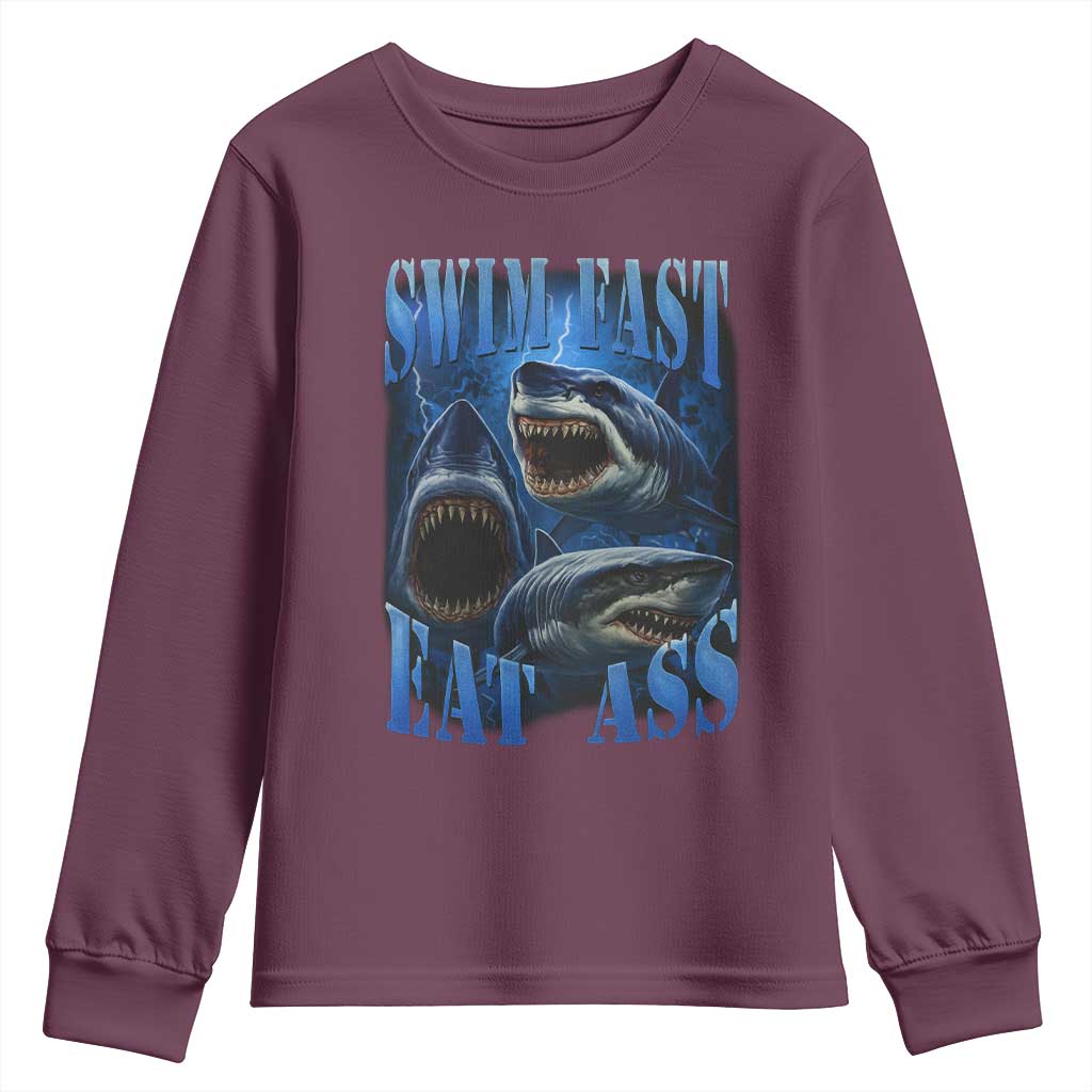 Retro Sharks Youth Sweatshirt Swim Fast Eat Ass Vintage 90s Bootleg Graphic TS10 Maroon Print Your Wear