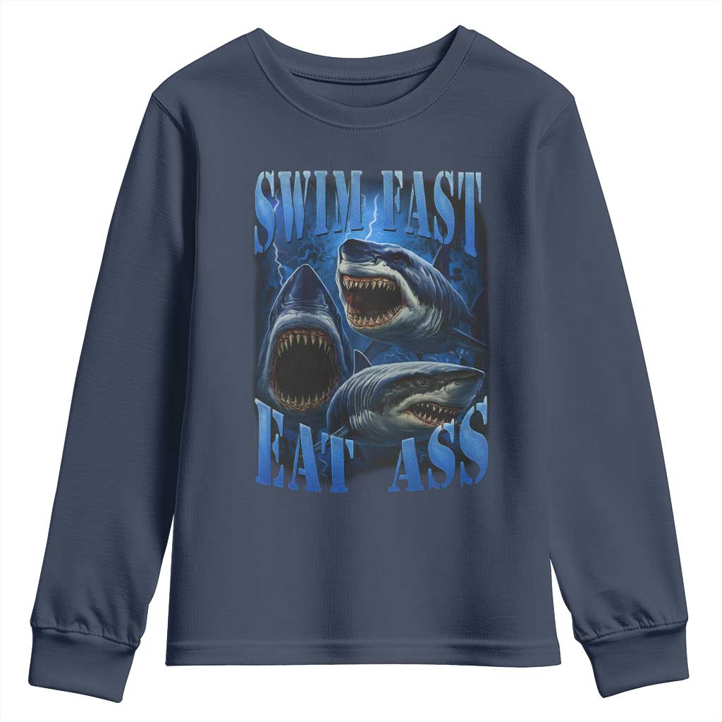 Retro Sharks Youth Sweatshirt Swim Fast Eat Ass Vintage 90s Bootleg Graphic TS10 Navy Print Your Wear